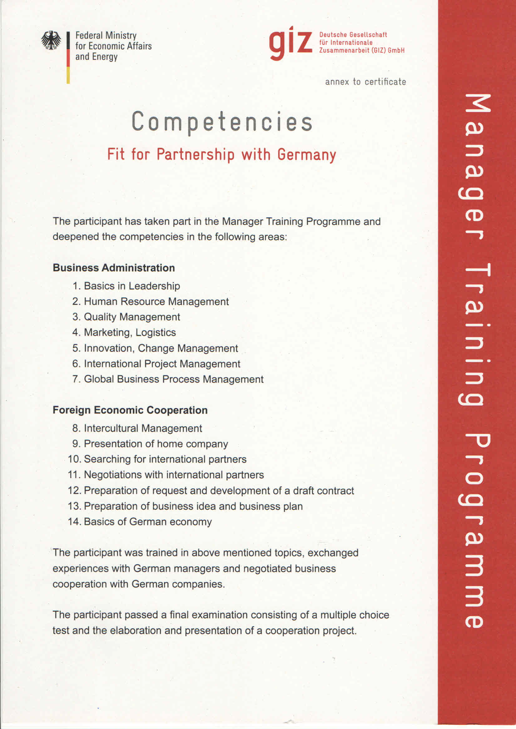 Competencies, Fit for Partnership with Germany